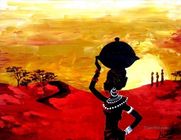 African Painting - Black woman with jar in sunset African